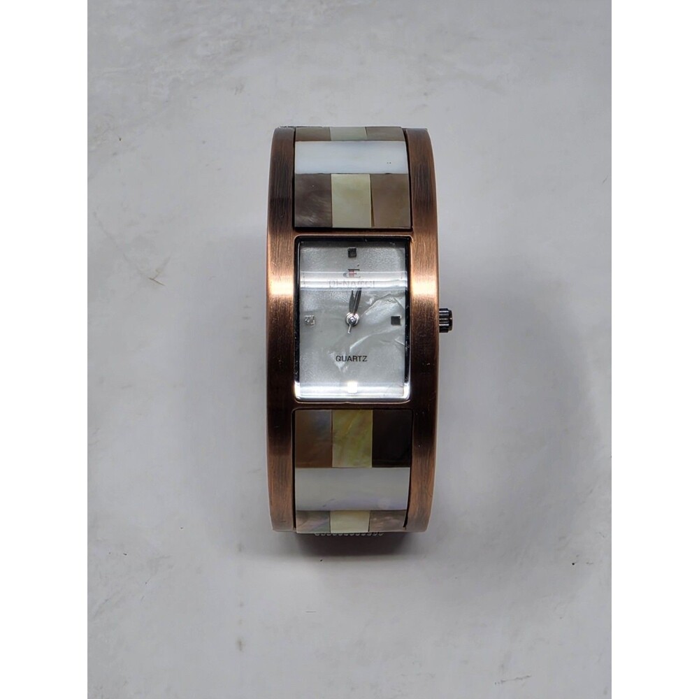 Denacci Quartz Watch Shell Inlay Rectangular Bronze Tone Vintage Style - Picture 2 of 5